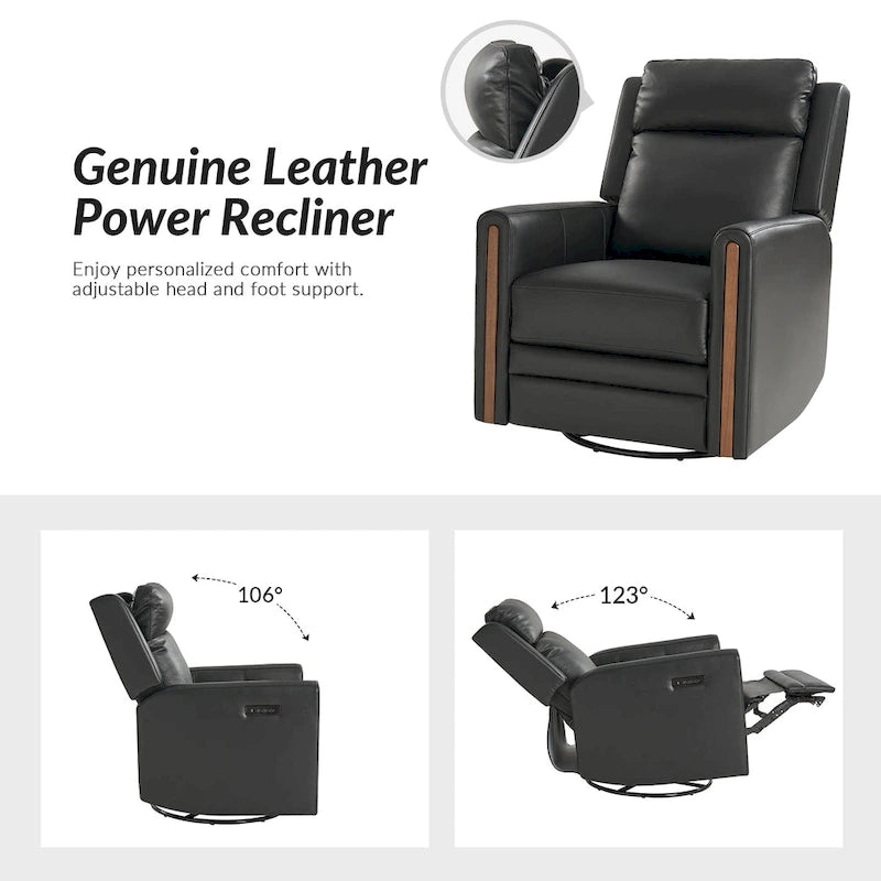 Set di 2 Poltrone Reclinabili Girevoli in Vera Pelle con Funzione Power Rocking, Poggiatesta e Poggiapiedi Regolabili, Ricarica USB
