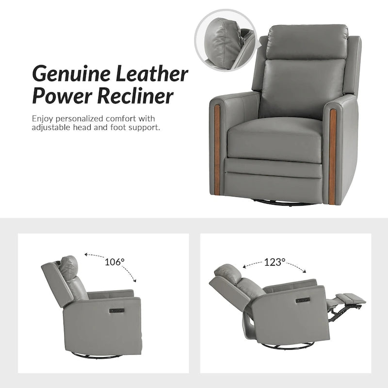 Set di 2 Poltrone Reclinabili Girevoli in Vera Pelle con Funzione Power Rocking, Poggiatesta e Poggiapiedi Regolabili, Ricarica USB