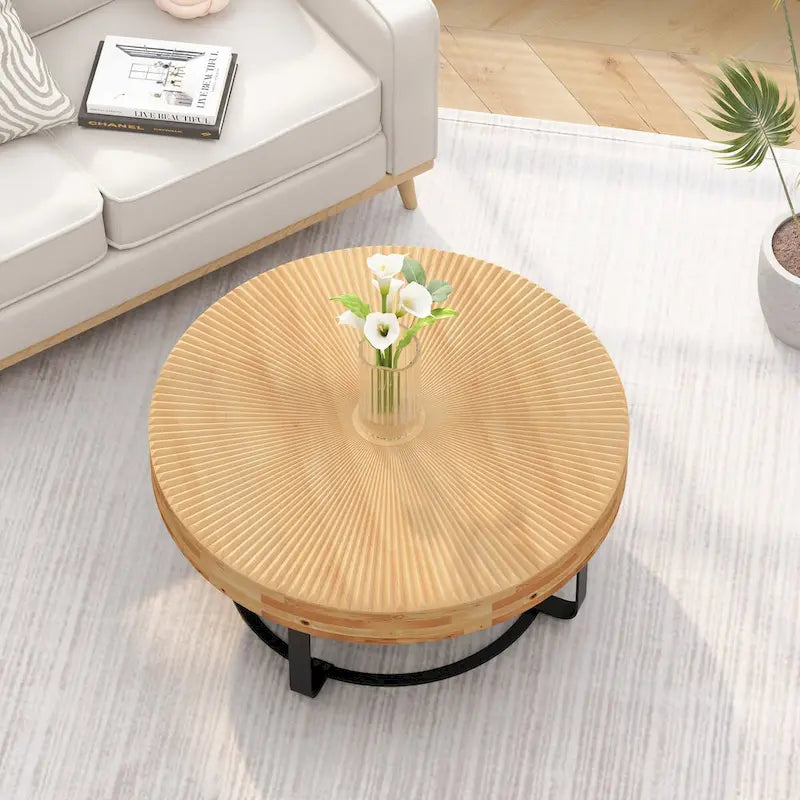 Tavolino da caffè rotondo moderno Tavolino da caffè con motivo intagliato in legno con gambe in metallo per soggiorno sala di ricevimento ufficio, nero