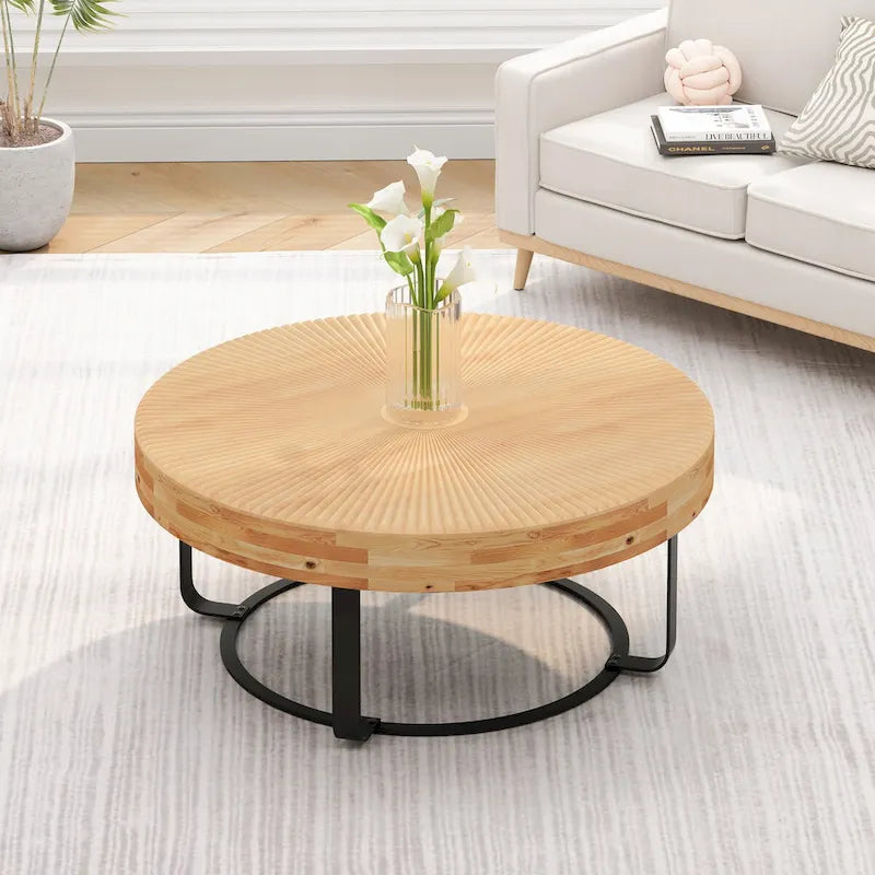 Tavolino da caffè rotondo moderno Tavolino da caffè con motivo intagliato in legno con gambe in metallo per soggiorno sala di ricevimento ufficio, nero