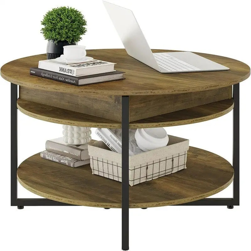 Tavolino rotondo con ripiano sollevabile in legno - 31.5D x 31.5W x 17.35H
