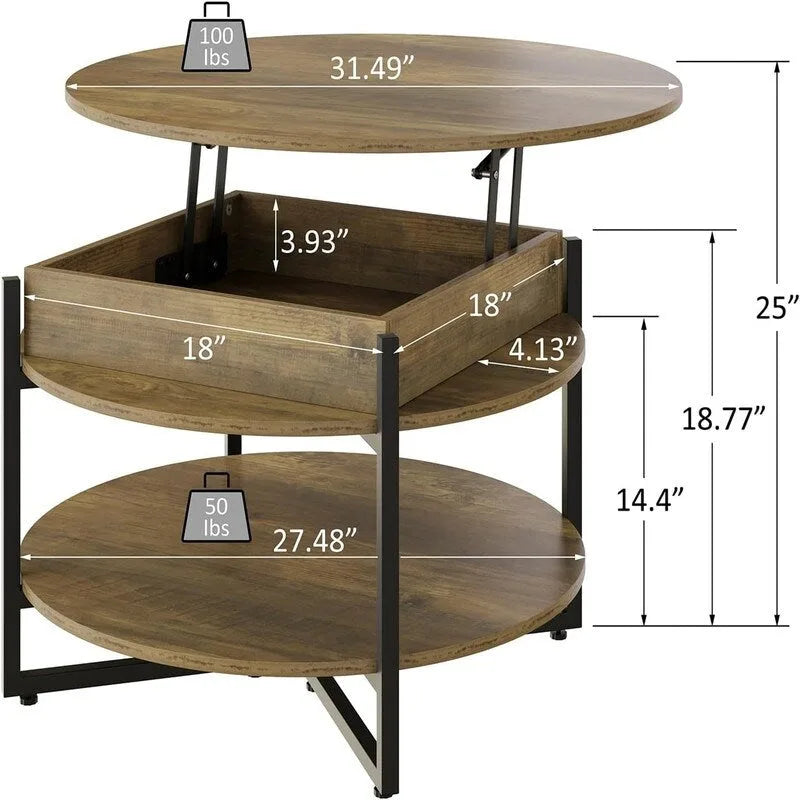 Tavolino rotondo con ripiano sollevabile in legno - 31.5D x 31.5W x 17.35H