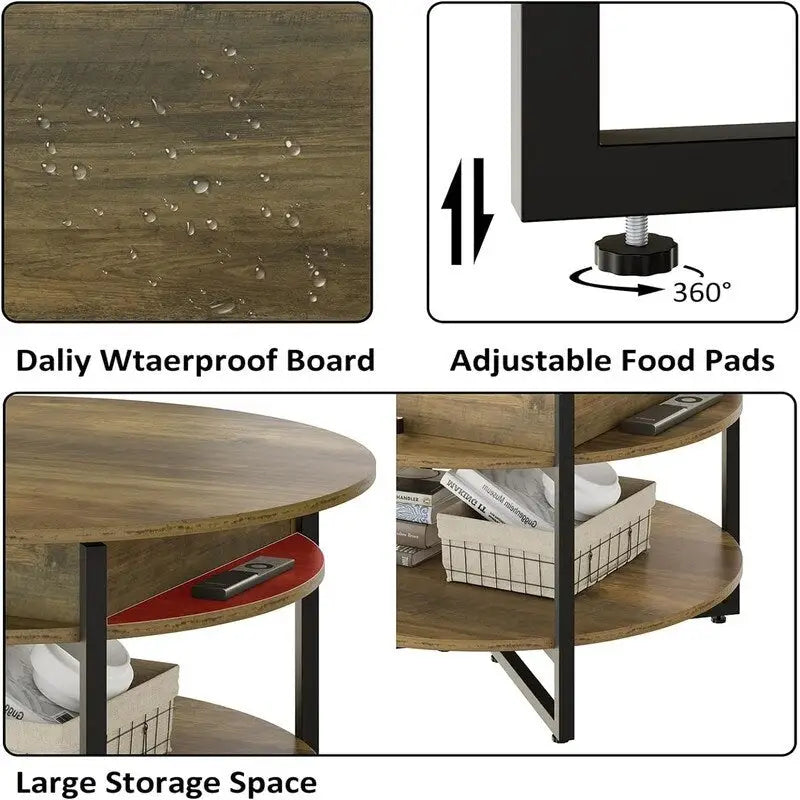Tavolino rotondo con ripiano sollevabile in legno - 31.5D x 31.5W x 17.35H