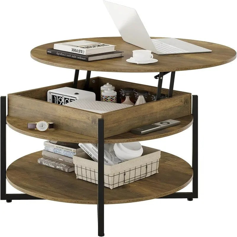 Tavolino rotondo con ripiano sollevabile in legno - 31.5D x 31.5W x 17.35H