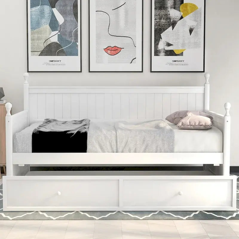 Divano letto singolo in pino bianco con letto estraibile e vano contenitore a scomparsa, struttura a doghe, nessun box spring necessario