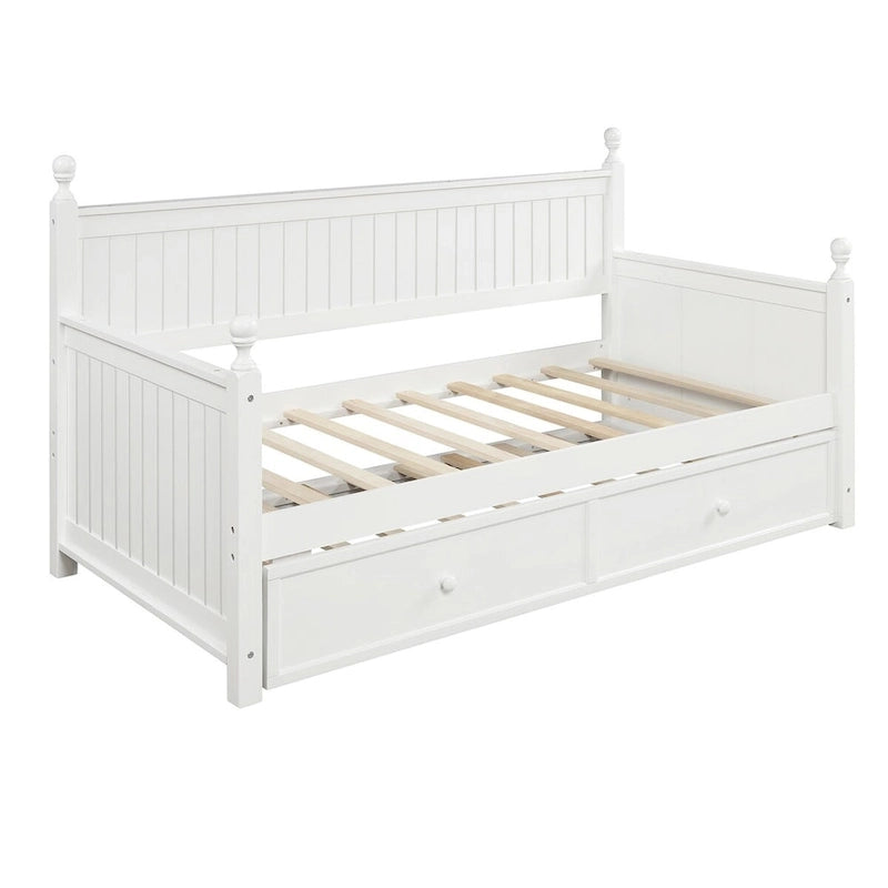 Divano letto singolo in pino bianco con letto estraibile e vano contenitore a scomparsa, struttura a doghe, nessun box spring necessario