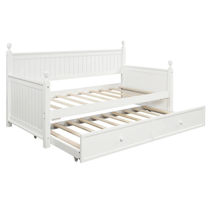 Divano letto singolo in pino bianco con letto estraibile e vano contenitore a scomparsa, struttura a doghe, nessun box spring necessario