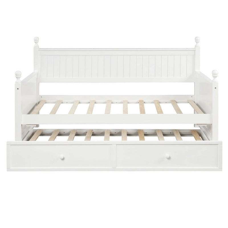 Divano letto singolo in pino bianco con letto estraibile e vano contenitore a scomparsa, struttura a doghe, nessun box spring necessario