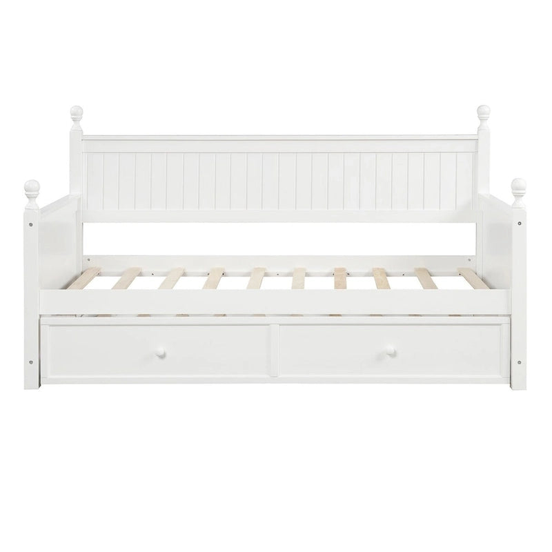 Divano letto singolo in pino bianco con letto estraibile e vano contenitore a scomparsa, struttura a doghe, nessun box spring necessario