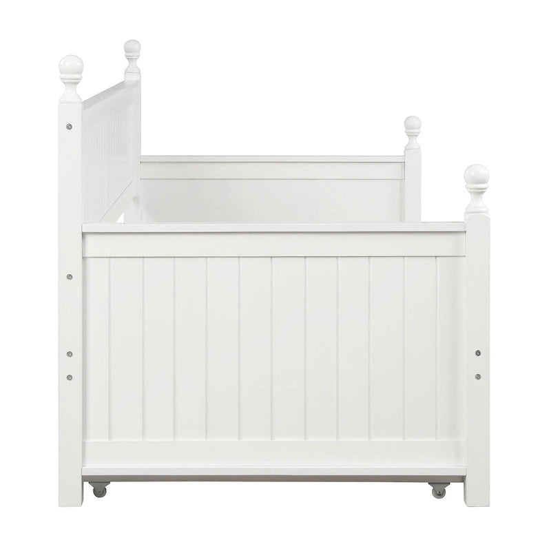 Divano letto singolo in pino bianco con letto estraibile e vano contenitore a scomparsa, struttura a doghe, nessun box spring necessario