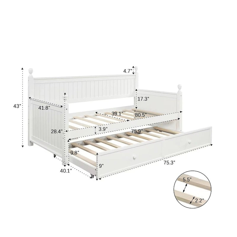 Divano letto singolo in pino bianco con letto estraibile e vano contenitore a scomparsa, struttura a doghe, nessun box spring necessario