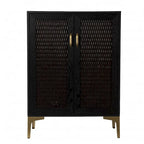 Mobile Bar in Rattan Sintetico e Metallo Nero e Oro, Cantinetta Porta Vino, Mobile da Soggiorno in Stile Rustico Moderno