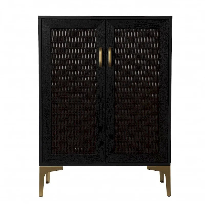 Mobile Bar in Rattan Sintetico e Metallo Nero e Oro, Cantinetta Porta Vino, Mobile da Soggiorno in Stile Rustico Moderno