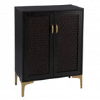 Mobile Bar in Rattan Sintetico e Metallo Nero e Oro, Cantinetta Porta Vino, Mobile da Soggiorno in Stile Rustico Moderno