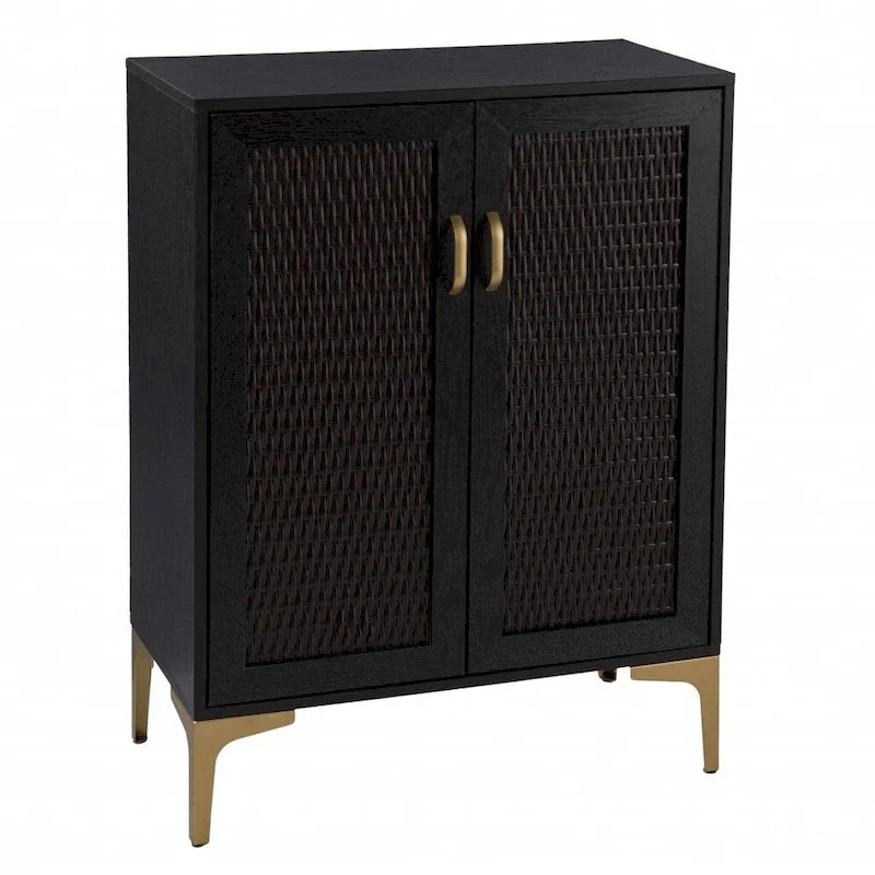Mobile Bar in Rattan Sintetico e Metallo Nero e Oro, Cantinetta Porta Vino, Mobile da Soggiorno in Stile Rustico Moderno