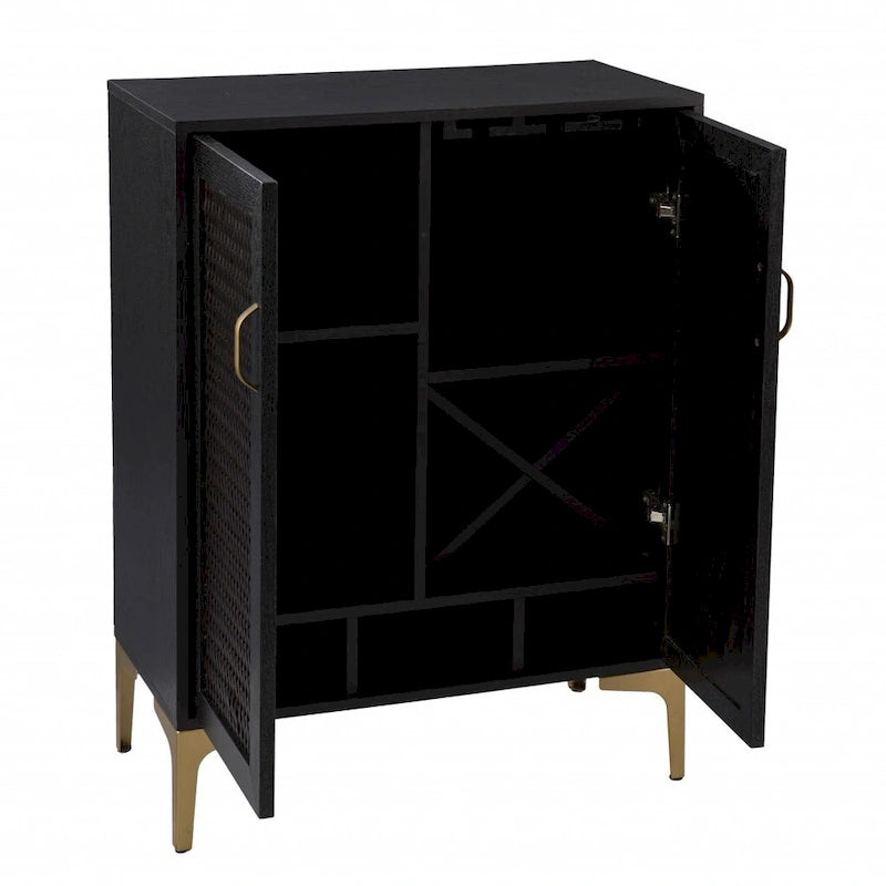 Mobile Bar in Rattan Sintetico e Metallo Nero e Oro, Cantinetta Porta Vino, Mobile da Soggiorno in Stile Rustico Moderno