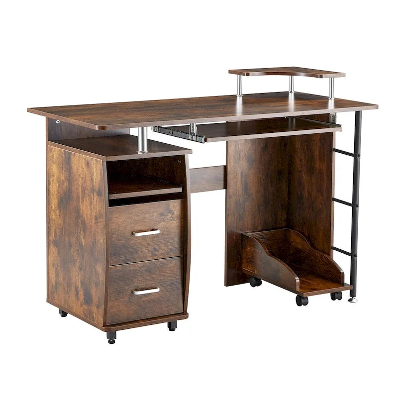 Scrivania per computer in legno massello, tavolo da ufficio con rotelle per PC, ripiani e schedario, due cassetti, vassoio CPU, una mensola