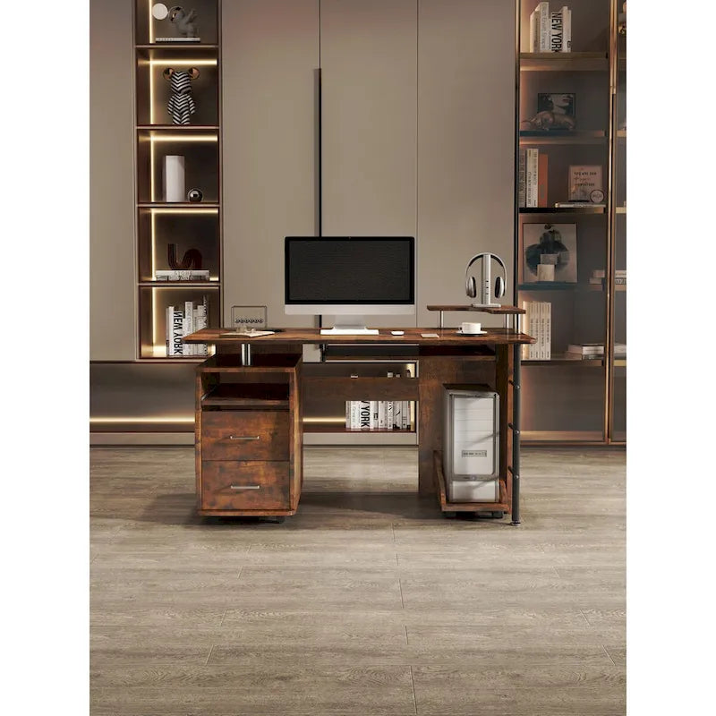 solid wood computer Desk,office table with PC droller,storage shelves and file cabinet,two drawers,CPU tray,a shelf