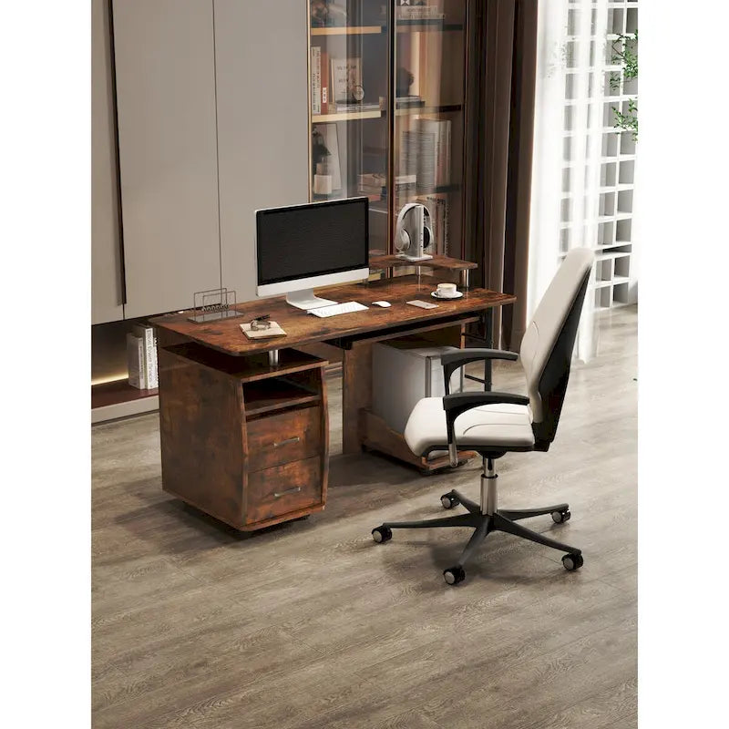 Scrivania per computer in legno massello, tavolo da ufficio con rotelle per PC, ripiani e schedario, due cassetti, vassoio CPU, una mensola