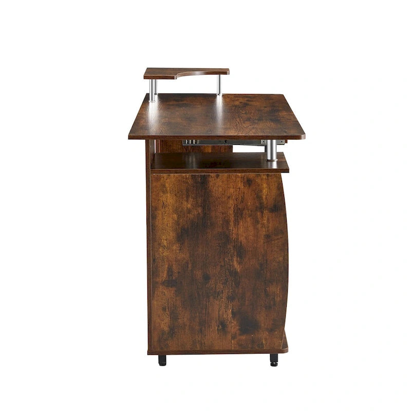 Scrivania per computer in legno massello, tavolo da ufficio con rotelle per PC, ripiani e schedario, due cassetti, vassoio CPU, una mensola