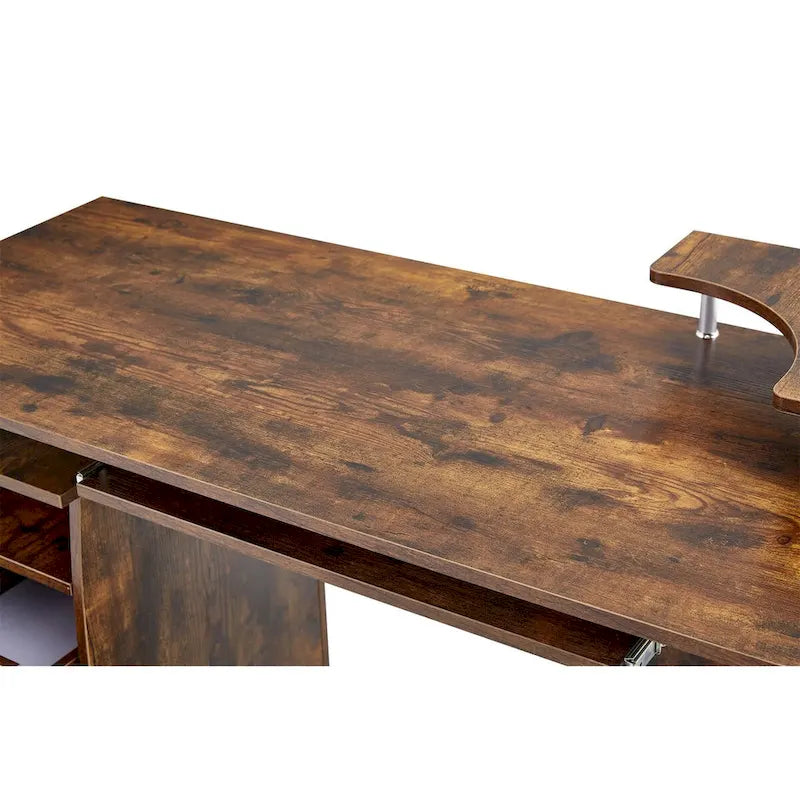 Scrivania per computer in legno massello, tavolo da ufficio con rotelle per PC, ripiani e schedario, due cassetti, vassoio CPU, una mensola