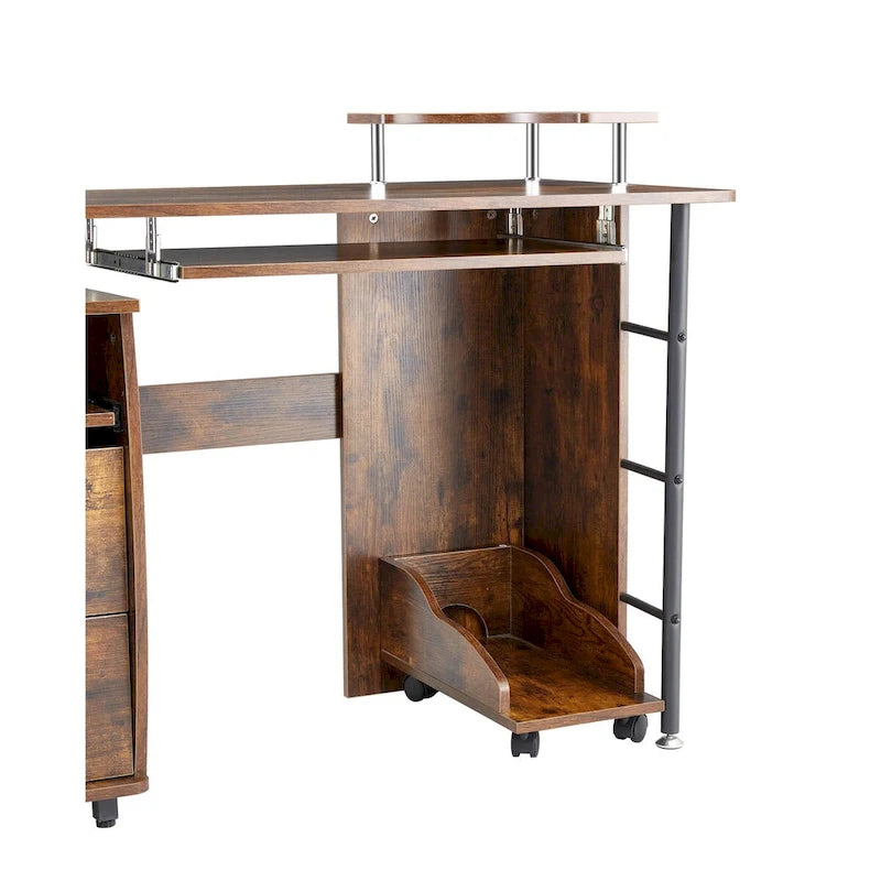 Scrivania per computer in legno massello, tavolo da ufficio con rotelle per PC, ripiani e schedario, due cassetti, vassoio CPU, una mensola