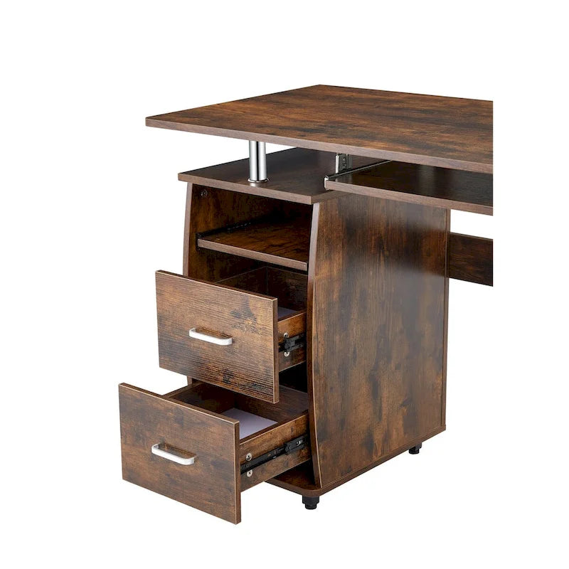 Scrivania per computer in legno massello, tavolo da ufficio con rotelle per PC, ripiani e schedario, due cassetti, vassoio CPU, una mensola