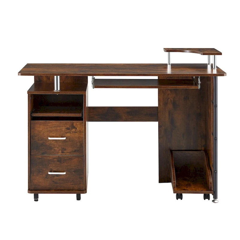 Scrivania per computer in legno massello, tavolo da ufficio con rotelle per PC, ripiani e schedario, due cassetti, vassoio CPU, una mensola
