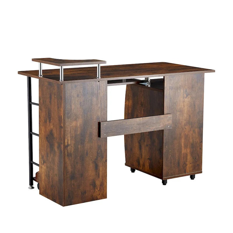Scrivania per computer in legno massello, tavolo da ufficio con rotelle per PC, ripiani e schedario, due cassetti, vassoio CPU, una mensola