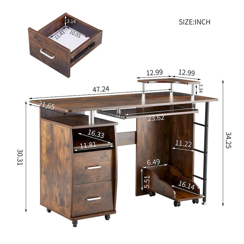 Scrivania per computer in legno massello, tavolo da ufficio con rotelle per PC, ripiani e schedario, due cassetti, vassoio CPU, una mensola
