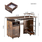Scrivania per computer in legno massello, tavolo da ufficio con rotelle per PC, ripiani e schedario, due cassetti, vassoio CPU, una mensola