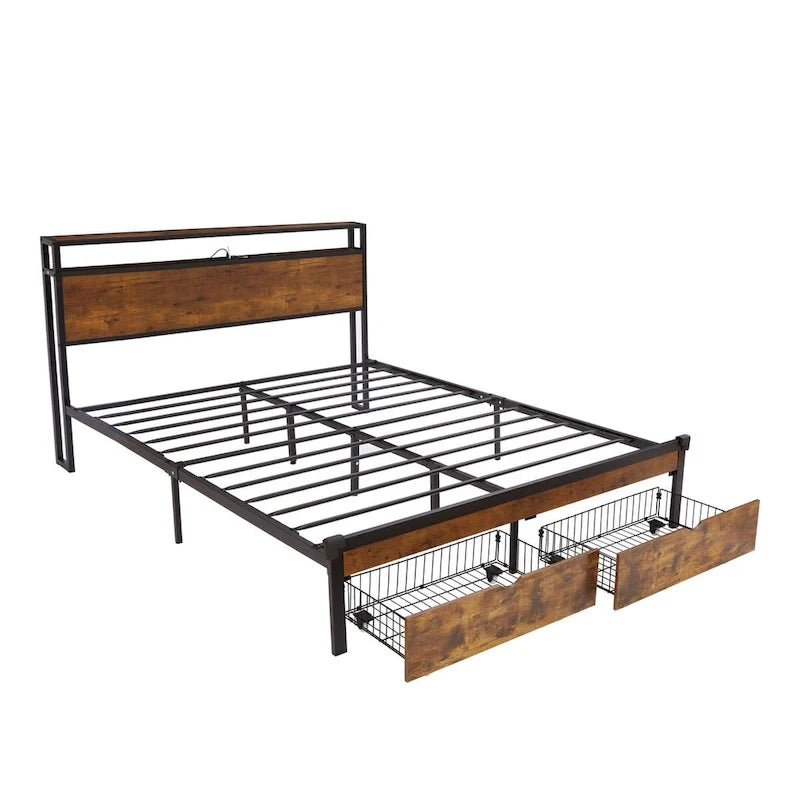 Telaio letto in metallo King/Queen/Full con testiera e pediera, USB, stazione di ricarica, 2 cassetti, luci LED